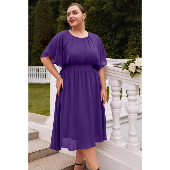 Plus Size Chiffon Dress Women Flounce Sleeves Empire Waist A Line Summer - Picture 3 of 7
